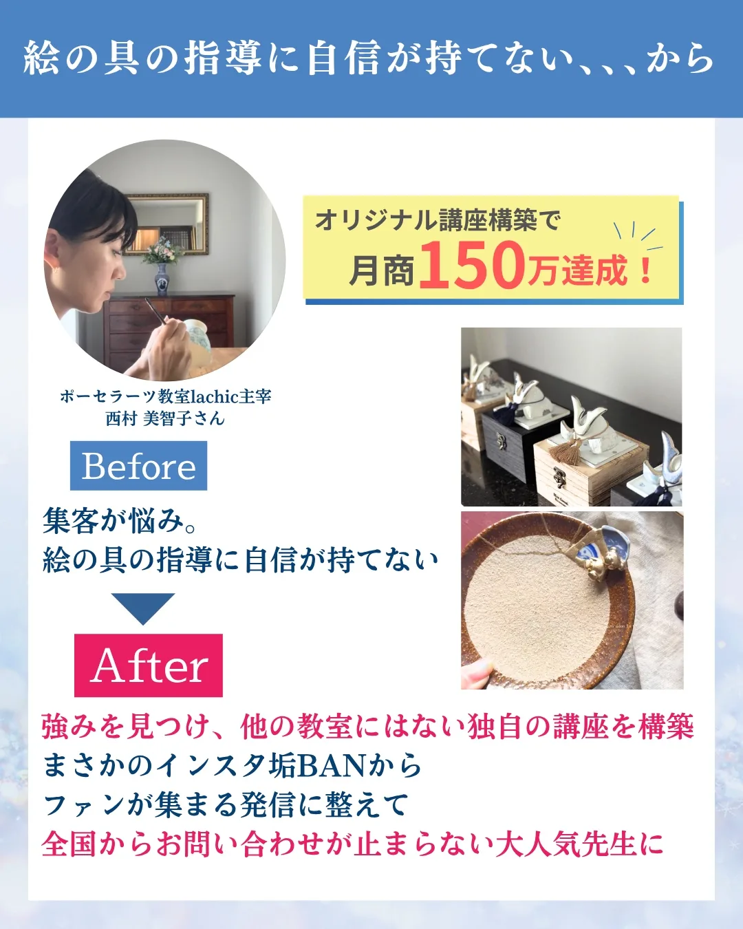 受講生の声:西村美智子さん(ポーセラーツ教室lachic主宰)。オリジナル講座構築で月商150万円を達成。